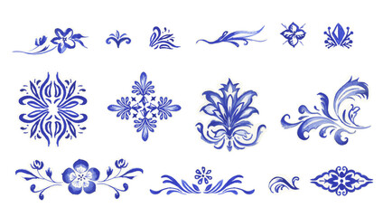 Watercolor Decorative Mediterranean patterns in monochrome blue. Ready to assemble tiles, patterns, decorations, design, borders, graphic design and more! Isolated on white background. Indigo, cobalt