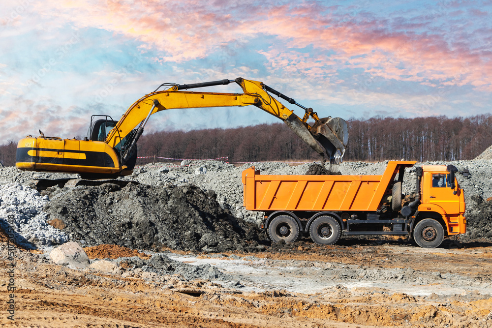 Wall mural A powerful crawler excavator loads the earth into a dump truck against the blue sky. Development and removal of soil from the construction site.