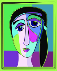 Colorful abstract background, cubism art style, black haired  woman