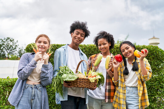 Group Of Children Present Organic Agriculture Product From Organic Farm , Healthy Fodd Concept