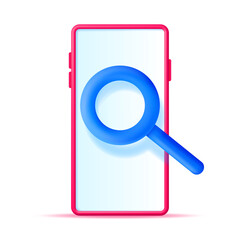 3D Smartphone with Magnifying Glass Isolated on White. Render Icon of Mobile Phone with Loupe on Empty Screen. Concept of Analytics, Search, Discovery, Examine. Vector Illustration