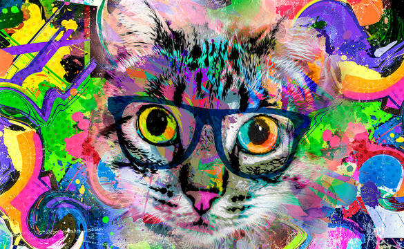 colorful artistic kitty muzzle with glasses bright paint splatters on white background color art © reznik_val