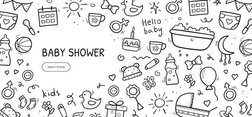 Hand drawn horizontal banner of baby objects and elements. Background template design. Vector illustration.