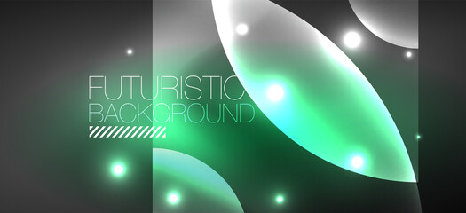 Abstract background with neon glowing light effects. Round shapes, triangles and circles. Wallpaper for concept of AI technology, blockchain, communication, 5G, science, business and technology