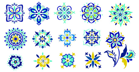Mediterranean blue, yellow, Azul tile elements. Influenced by traditional Talavera, Portugal and Spanish decor patterns. Vector elements ready to be patterns, wallpaper, border, repeats, fabric.