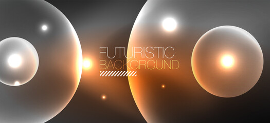 Shiny neon geometric abstract background. Glowing lights on round shapes, triangles and circles. Wallpaper for concept of AI technology, blockchain, communication, 5G, science, business