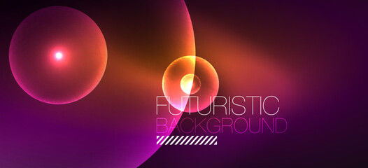 Abstract background with neon glowing light effects. Round shapes, triangles and circles. Wallpaper for concept of AI technology, blockchain, communication, 5G, science, business and technology