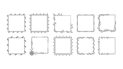 Set Black Simple Line Frame Collection Doodle Square Floral Frame Elements Vector Design Style Sketch Isolated Illustration For Banner