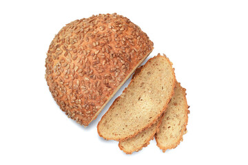 Whole fresh wheat bread with sunflower seeds and cutted off loafs or slice isolated on white