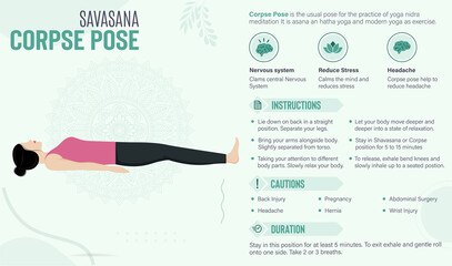 Corpse Pose Guide and benefits: Yoga poses vector illustration
