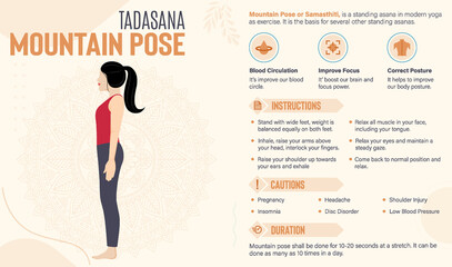 Mountain Pose Guide and benefits: Yoga poses vector illustration