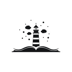 book stack with lighthouse or beacon and clouds on white background. flat illustration. Knowledge, reading, education logo. Imagination and inspiration picture. Books can help and guide.