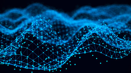 Digital blue wave with dots and lines on the dark background. The futuristic abstract structure of network connection. Big data visualization. 3d rendering.