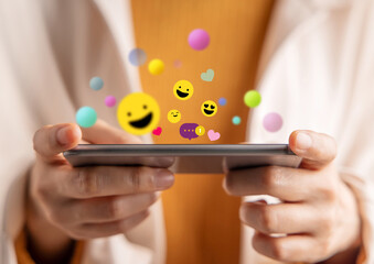 Psychology Personality Concept. Extrovert Person. Happiness and Enjoyment Emoticon while Using...