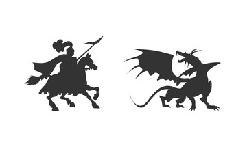 knight and dragon fight silhouette. Medieval battle outlines.