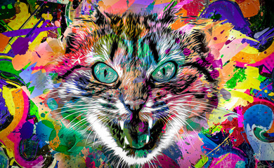 Cat head with colorful creative abstract element on white background
