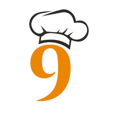 Letter 9 Restaurant Logo Concept with Chef Hat Vector Template. Restaurant Chef Hat Logo Symbol