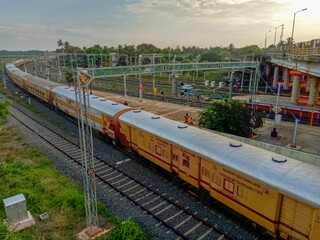 Aerial view of train on Indian railway track