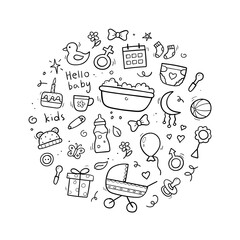 Baby shower concept. Hand drawn set of baby objects and elements. Round composition. Sketch style. Vector illustration.