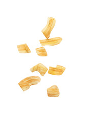Falling banana chips isolated on white background with clipping path.