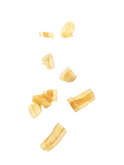 Falling banana chips isolated on white background with clipping path.