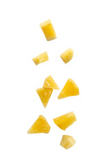 Falling pineapple slices isolated on white background with clipping path.