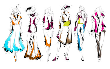 Obraz na płótnie Canvas Beautiful young girl in stylish clothes. Fashion woman look. Sale concept. Hand-drawn fashion illustration. Cute girl in fashion clothes.