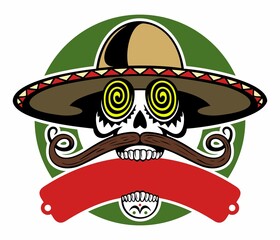 Mexican style skull with moustaches and traditional sombrero hat. Isolated on white background.