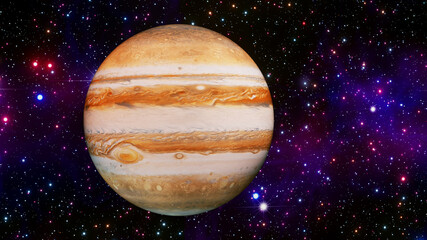 Fototapeta na wymiar Jupiter planet background with starfield, high detailed surface features