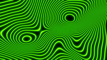 Abstract neon glowing background, 3D green fantasy lines on black striped modern technology and science design, 3D render illustration.