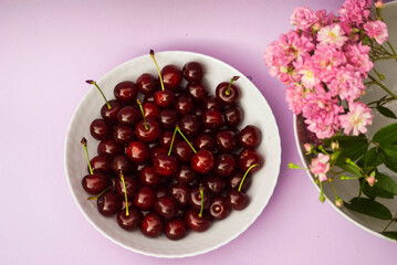 Plate with cherries and a branch of a rose on the side