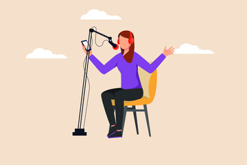 Happy Professional female podcaster. Modern woman concept. Colored flat vector illustration isolated.