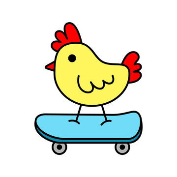 Cute chicken skateboarding. Chick on a skateboard with outline. Funny cartoon character. T shirt design element. Hand drawing mascot. Yellow bird on a board. Vector illustration, flat, clip art. 