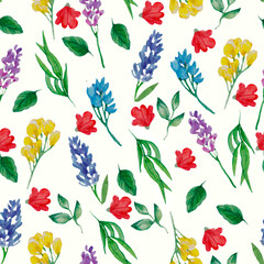 Fototapeta na wymiar Watercolor hand drawn simple flowers, flourish pattern, different wildflowers, isolated background, red, yellow, botanical backdrop, multicolor flowers