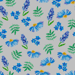 Watercolor hand-drawn simple flowers, flourish pattern, different wildflowers, grey background, botanical backdrop, light blue flowers, green leaves, blue camomile