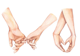 Couple holding hands, watercolor illustration. The hands of people in love, a married couple. Isolated elements on a white background.
