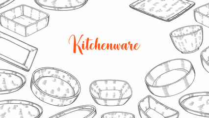 Kitchenware set collection with hand drawn sketch for background banner template poster
