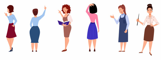 Set of Women shows and tells. Teacher with a pointer and a book in his hand. View from the back. Flat character vector illustration