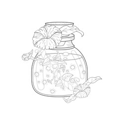A glass bottle with a potion decorated with flowers and leaves. The linear style is isolated on a white background.