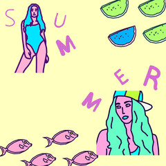 Contemporary minimal collage art. Fashion Sketch beach vacation girl. Summer tropical fresh party concept