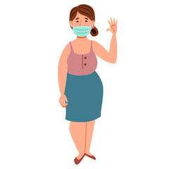 A fashionable plump girl in a medical mask greets. Friendly greeting of a young woman. Vector illustration in a flat style, isolated on a white background.