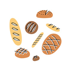 Set of bread. Simple flat illustration for bakery or restaurant. Isolated on white background.