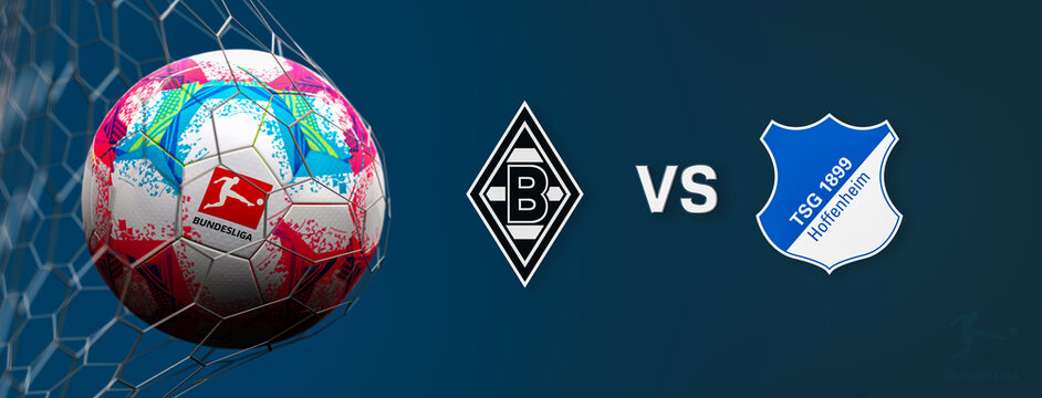 Guilherand-Granges, France - July 15, 2022. Bundesliga of Germany. Soccer ball in net with official logo of the Bundesliga. Match : Borussia M'gladbach VS TSG Hoffenheim. 3D rendering.