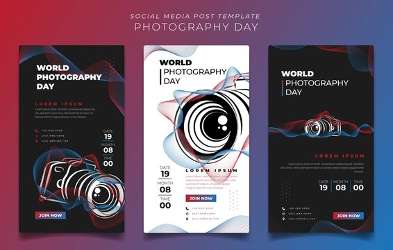Social media post template design with camera illustration for world photography day design