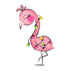 Fototapeta premium Cute pink flamingo with christmas garland. Vector illustration.