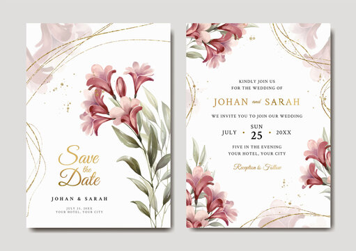 Beautiful wedding invitation template with red floral