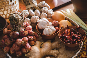 Various fresh vegetables and spices on wooden table, Thai food concept