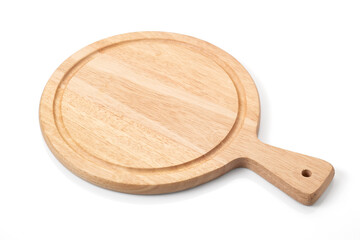 wooden tray for serving food pizza on white background with path
