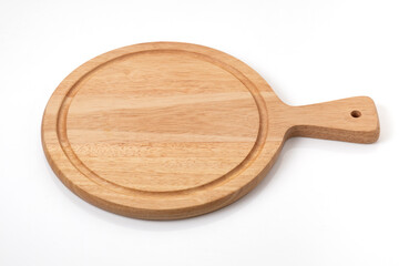wooden tray for serving food pizza on white background with path