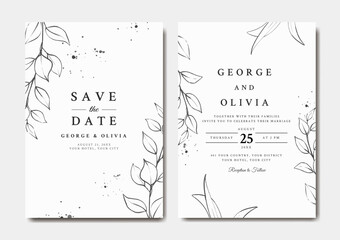 Wedding invitation template with line art leaves